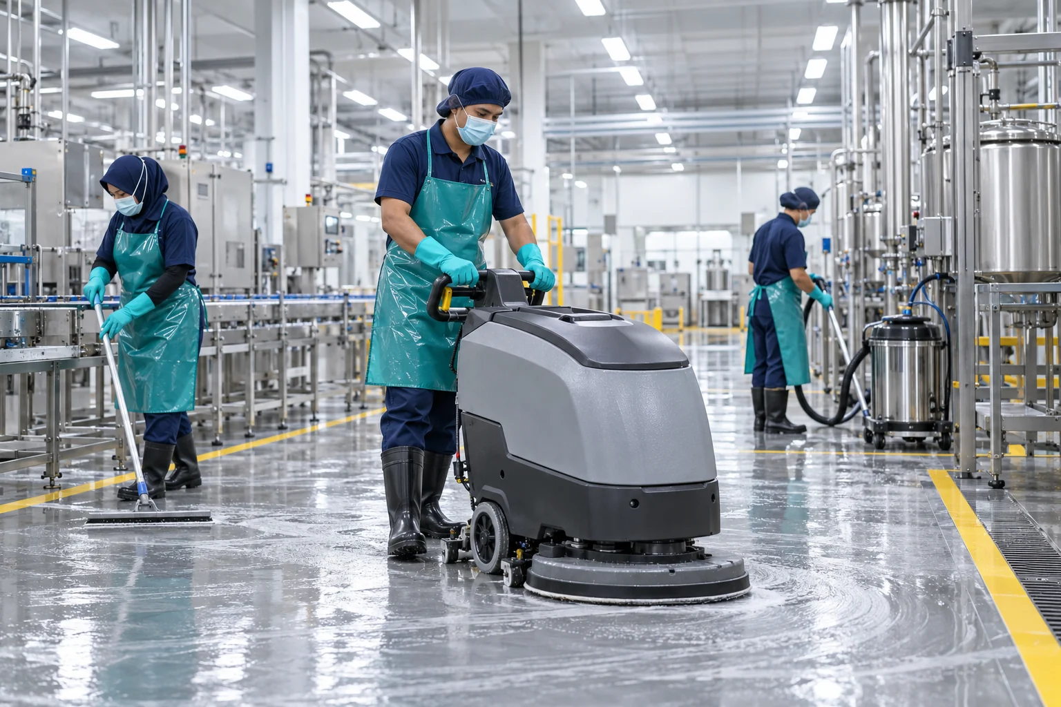 Professional YGR team using commercial cleaning equipment in a factory