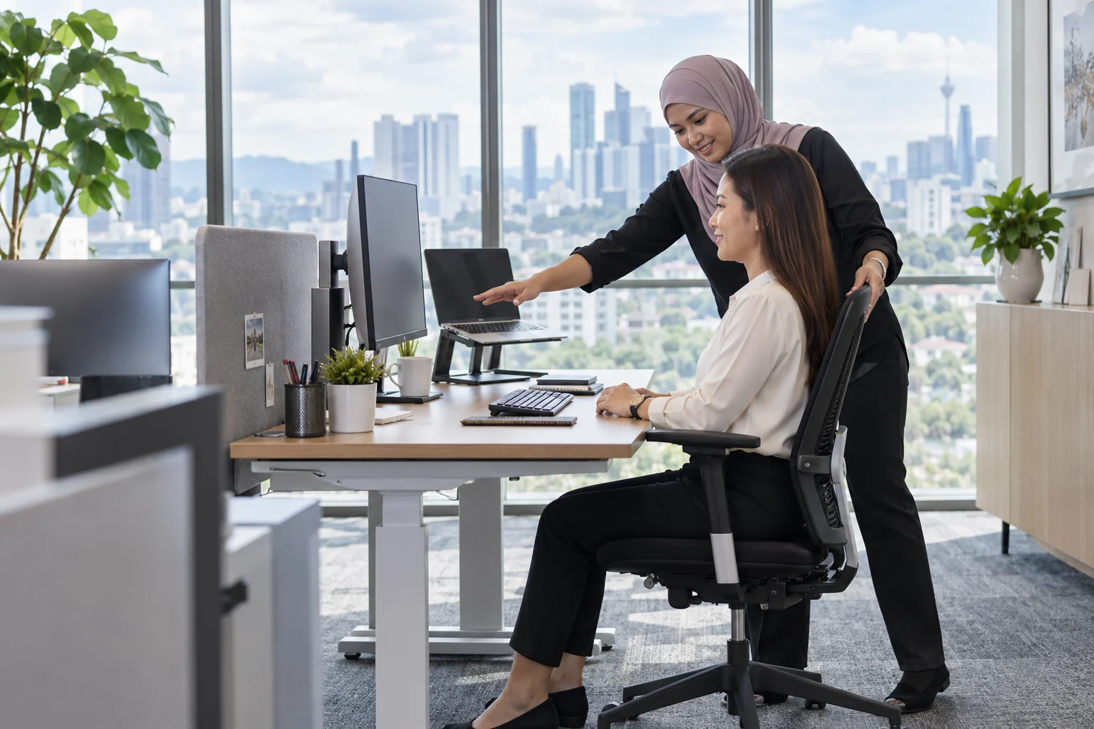 Corporate wellness professional guiding an ergonomic workplace assessment